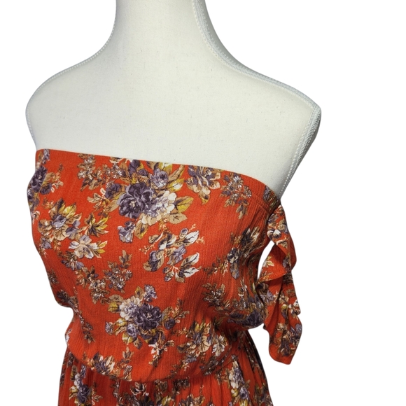 American Eagle Outfitters Orange Floral Mini Dress Off Shoulder XS Boho Pockets - Picture 7 of 14
